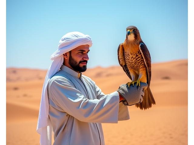 A falconer demonstrating the art of falconry in the desert with a majestic bird