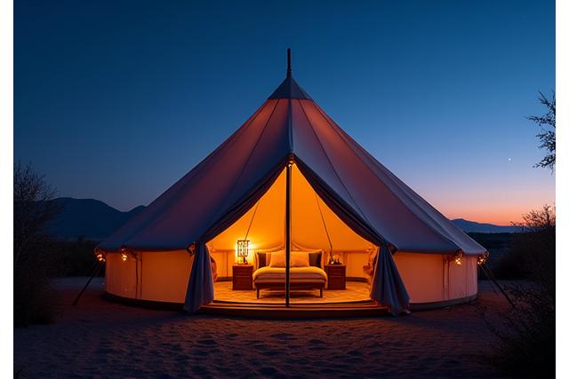 Luxurious glamping tent at twilight with warm lights against a desert backdrop